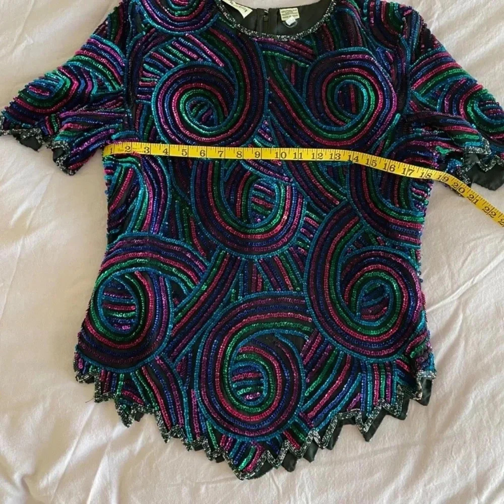 80’s Vintage Black With Colorful Sequins Silk Top Size M New Year’s Party Retro - Picture 8 of 12